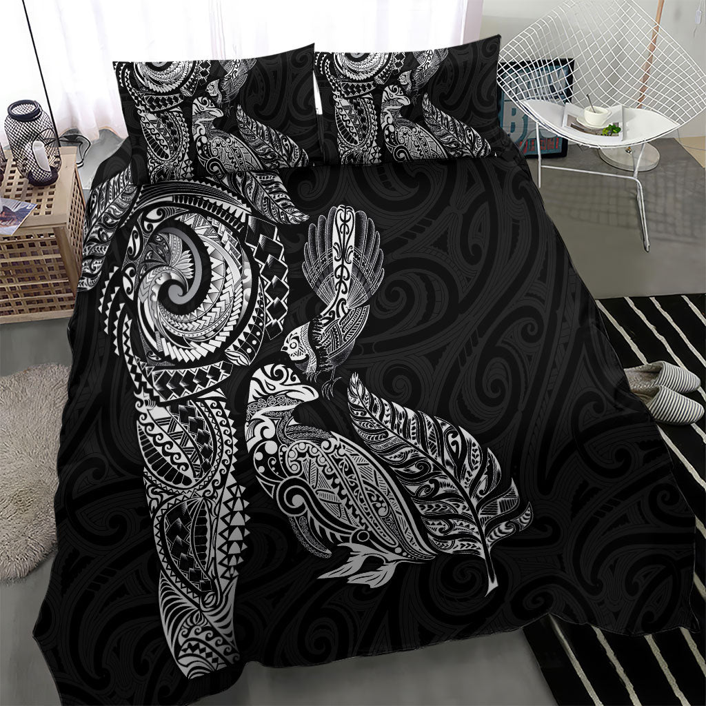 Aotearoa Moko Tribal Tattoo Bedding Set New Zealand Maori Penguin and Fantail Black Color