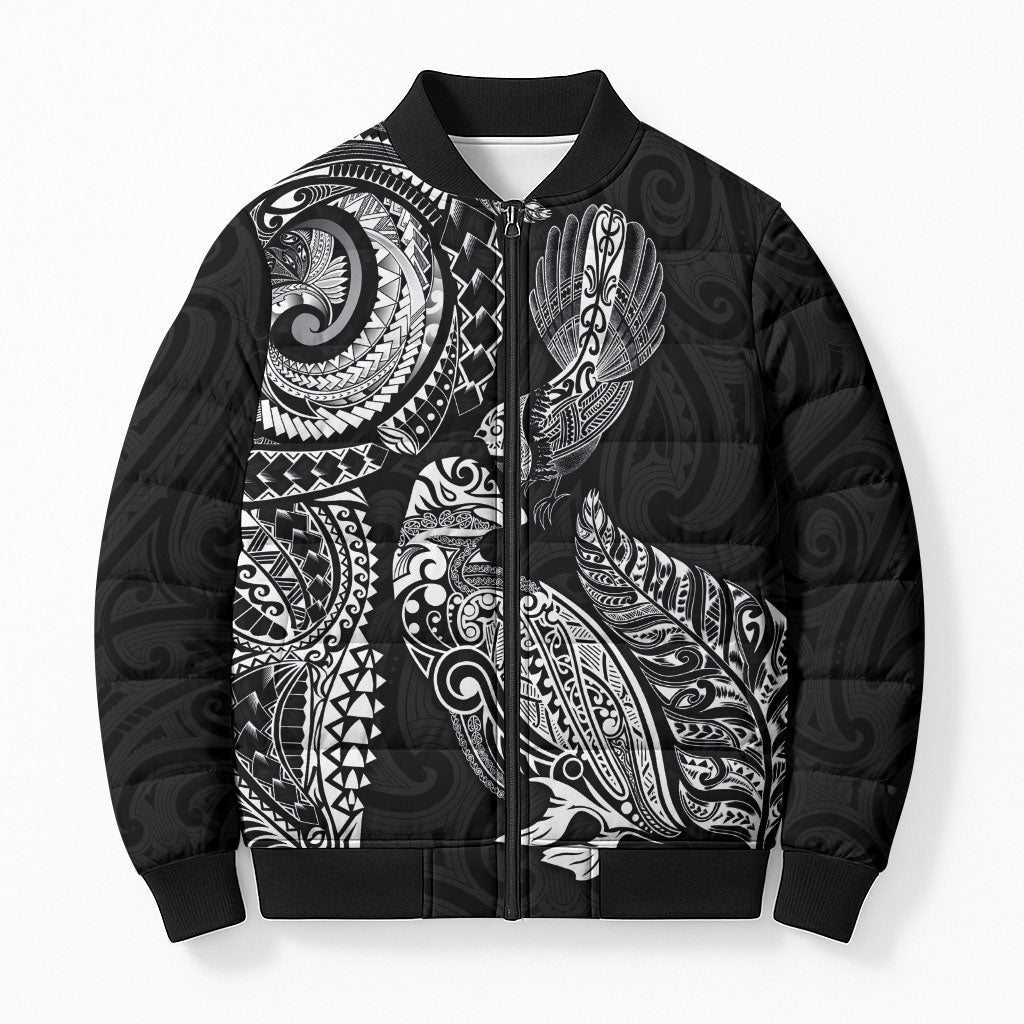 Aotearoa Moko Tribal Tattoo Bomber Puffer Jacket New Zealand Maori Penguin and Fantail Black Color LT03 Unisex Black - Polynesian Pride