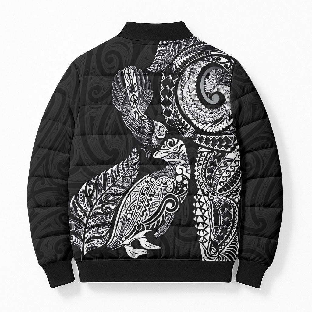 Aotearoa Moko Tribal Tattoo Bomber Puffer Jacket New Zealand Maori Penguin and Fantail Black Color LT03 - Polynesian Pride