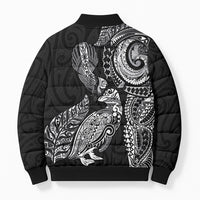 Aotearoa Moko Tribal Tattoo Bomber Puffer Jacket New Zealand Maori Penguin and Fantail Black Color LT03 - Polynesian Pride