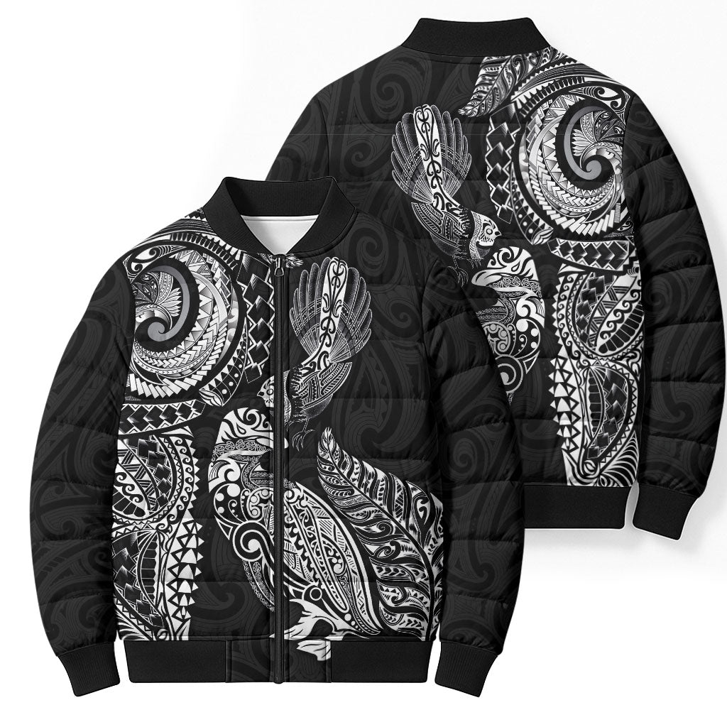 Aotearoa Moko Tribal Tattoo Bomber Puffer Jacket New Zealand Maori Penguin and Fantail Black Color LT03 - Polynesian Pride