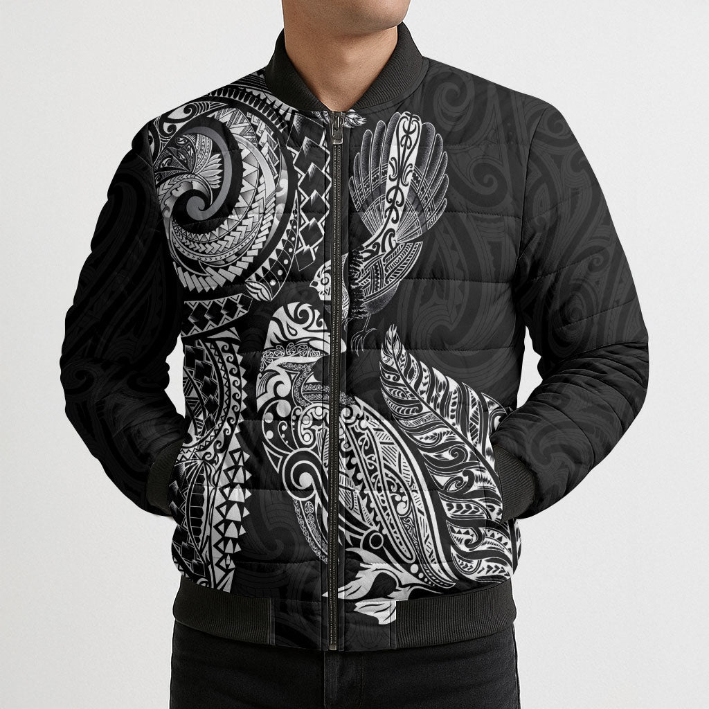Aotearoa Moko Tribal Tattoo Bomber Puffer Jacket New Zealand Maori Penguin and Fantail Black Color LT03 - Polynesian Pride