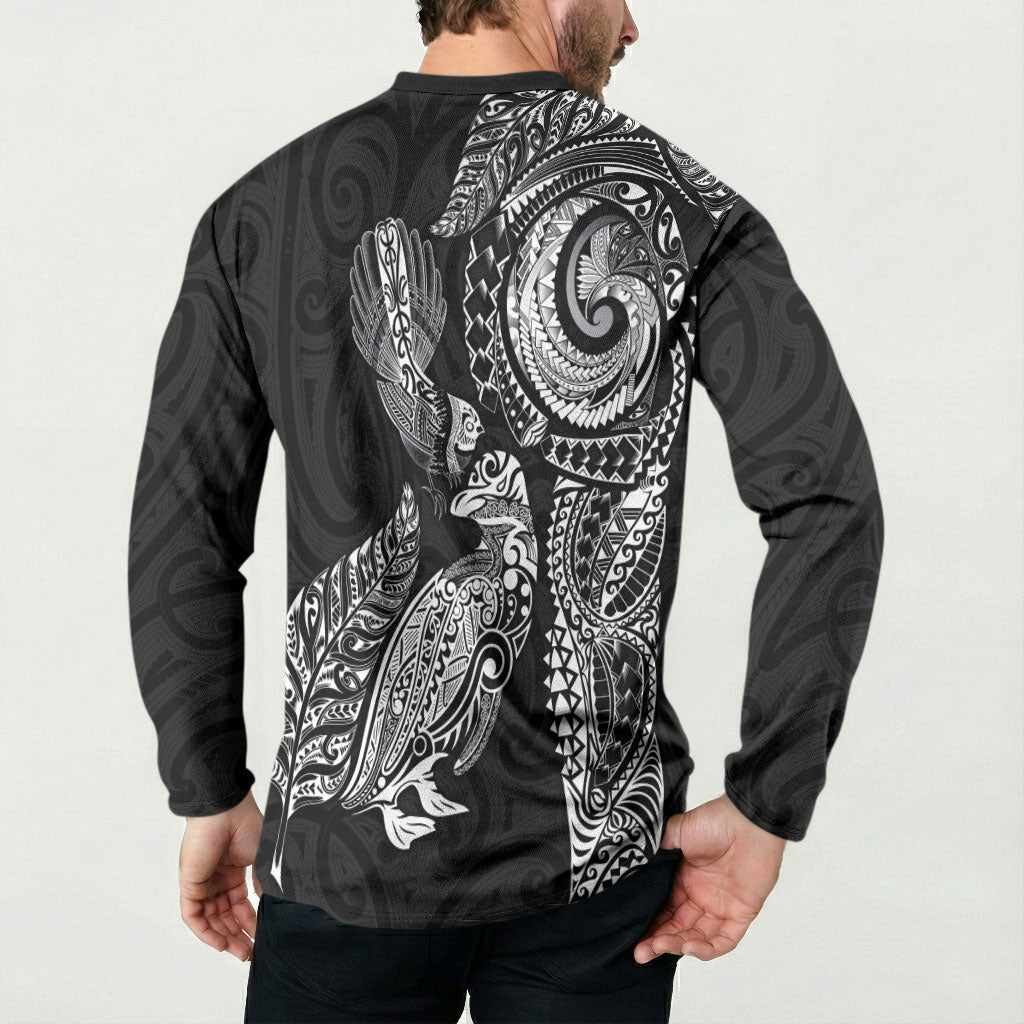 Aotearoa Moko Tribal Tattoo Button Sweatshirt New Zealand Maori Penguin and Fantail Black Color