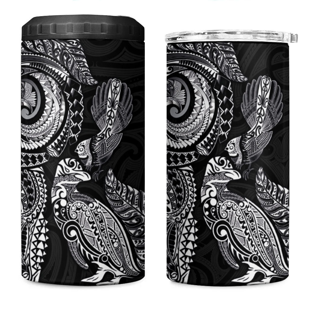 Aotearoa Moko Tribal Tattoo 4 in 1 Can Cooler Tumbler New Zealand Maori Penguin and Fantail Black Color