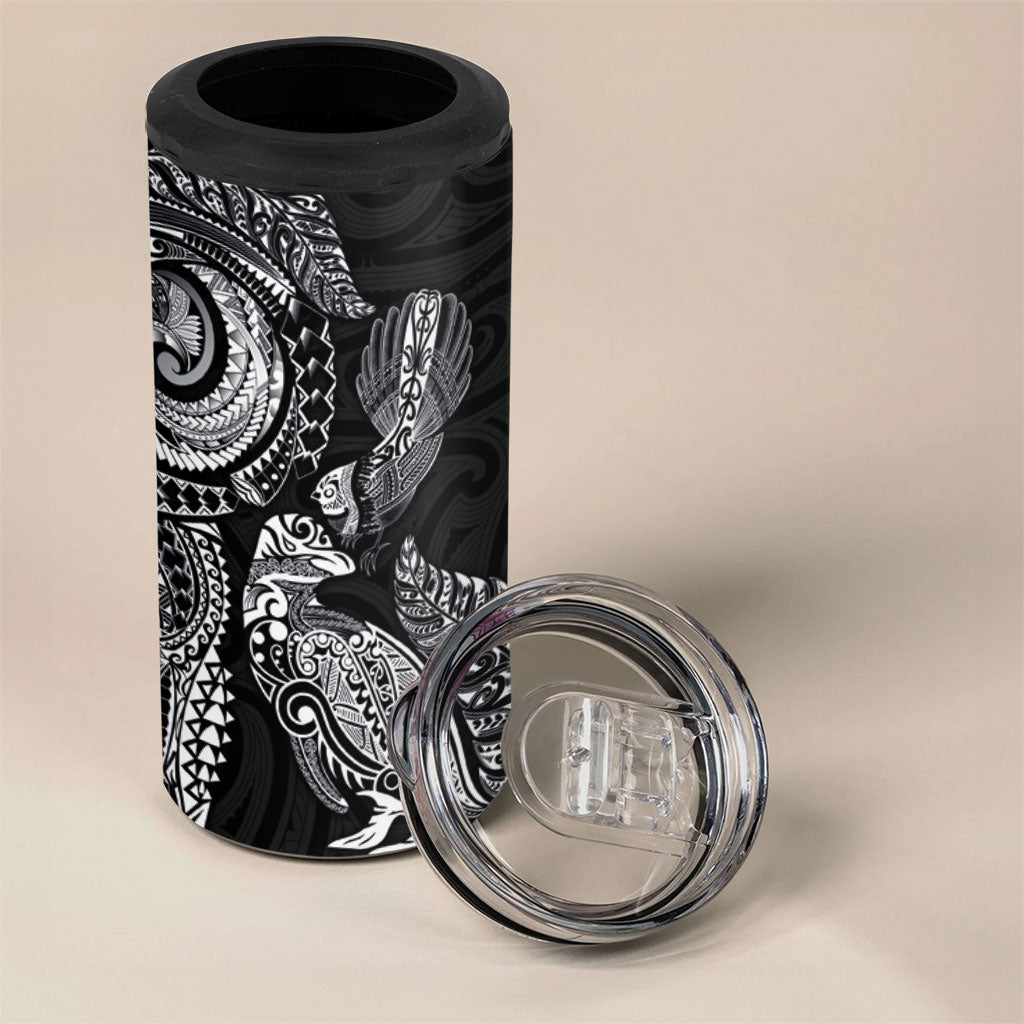 Aotearoa Moko Tribal Tattoo 4 in 1 Can Cooler Tumbler New Zealand Maori Penguin and Fantail Black Color