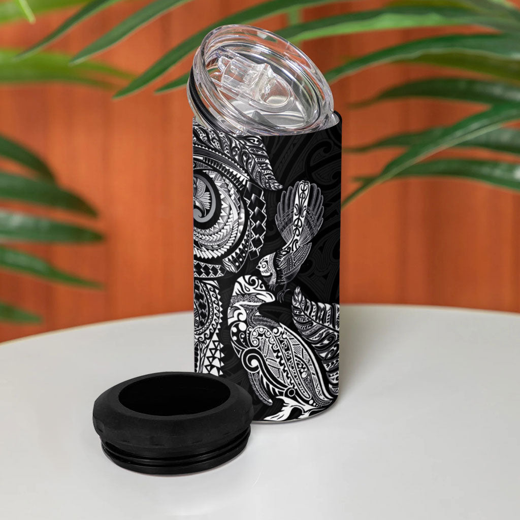 Aotearoa Moko Tribal Tattoo 4 in 1 Can Cooler Tumbler New Zealand Maori Penguin and Fantail Black Color