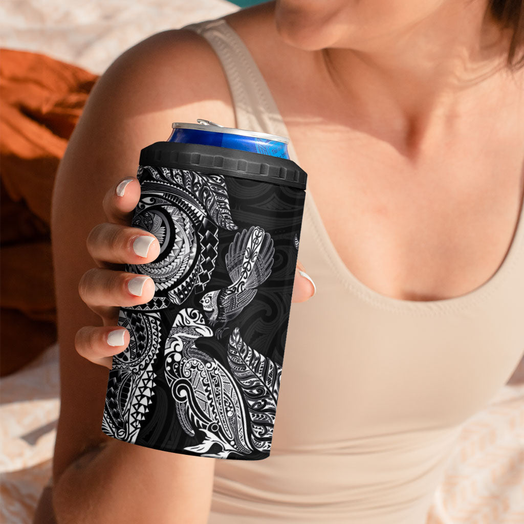Aotearoa Moko Tribal Tattoo 4 in 1 Can Cooler Tumbler New Zealand Maori Penguin and Fantail Black Color