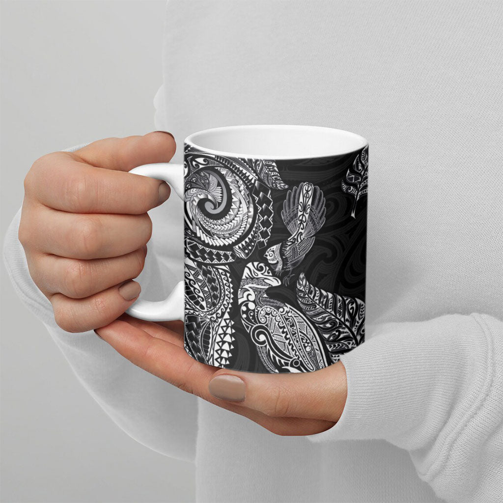 Aotearoa Moko Tribal Tattoo Ceramic Mug New Zealand Maori Penguin and Fantail Black Color