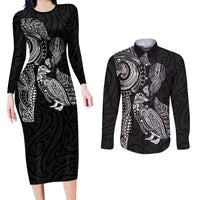 Aotearoa Moko Tribal Tattoo Couples Matching Long Sleeve Bodycon Dress and Long Sleeve Button Shirt New Zealand Maori Penguin and Fantail Black Color