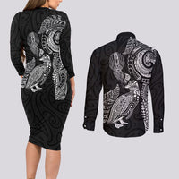 Aotearoa Moko Tribal Tattoo Couples Matching Long Sleeve Bodycon Dress and Long Sleeve Button Shirt New Zealand Maori Penguin and Fantail Black Color