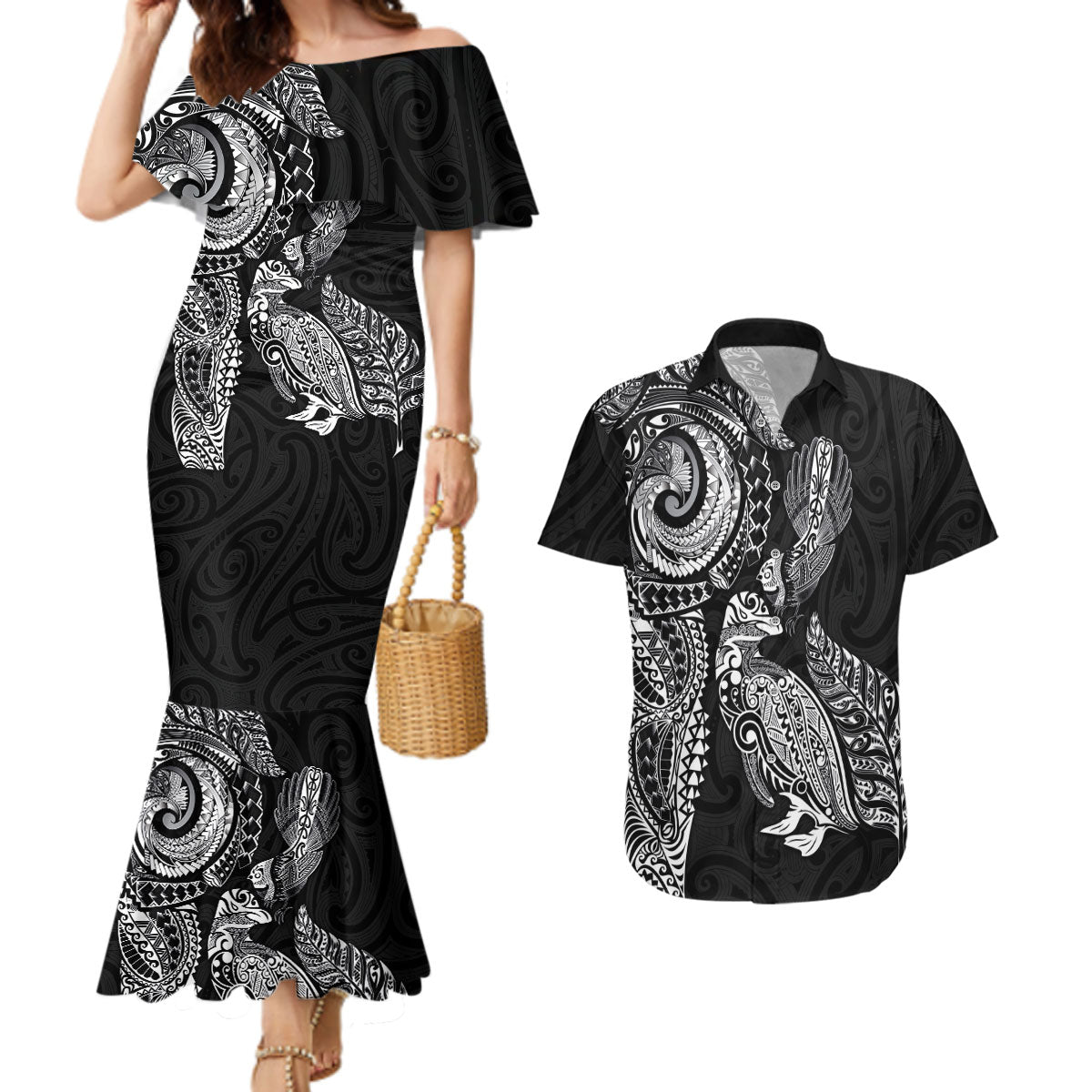 Aotearoa Moko Tribal Tattoo Couples Matching Mermaid Dress and Hawaiian Shirt New Zealand Maori Penguin and Fantail Black Color