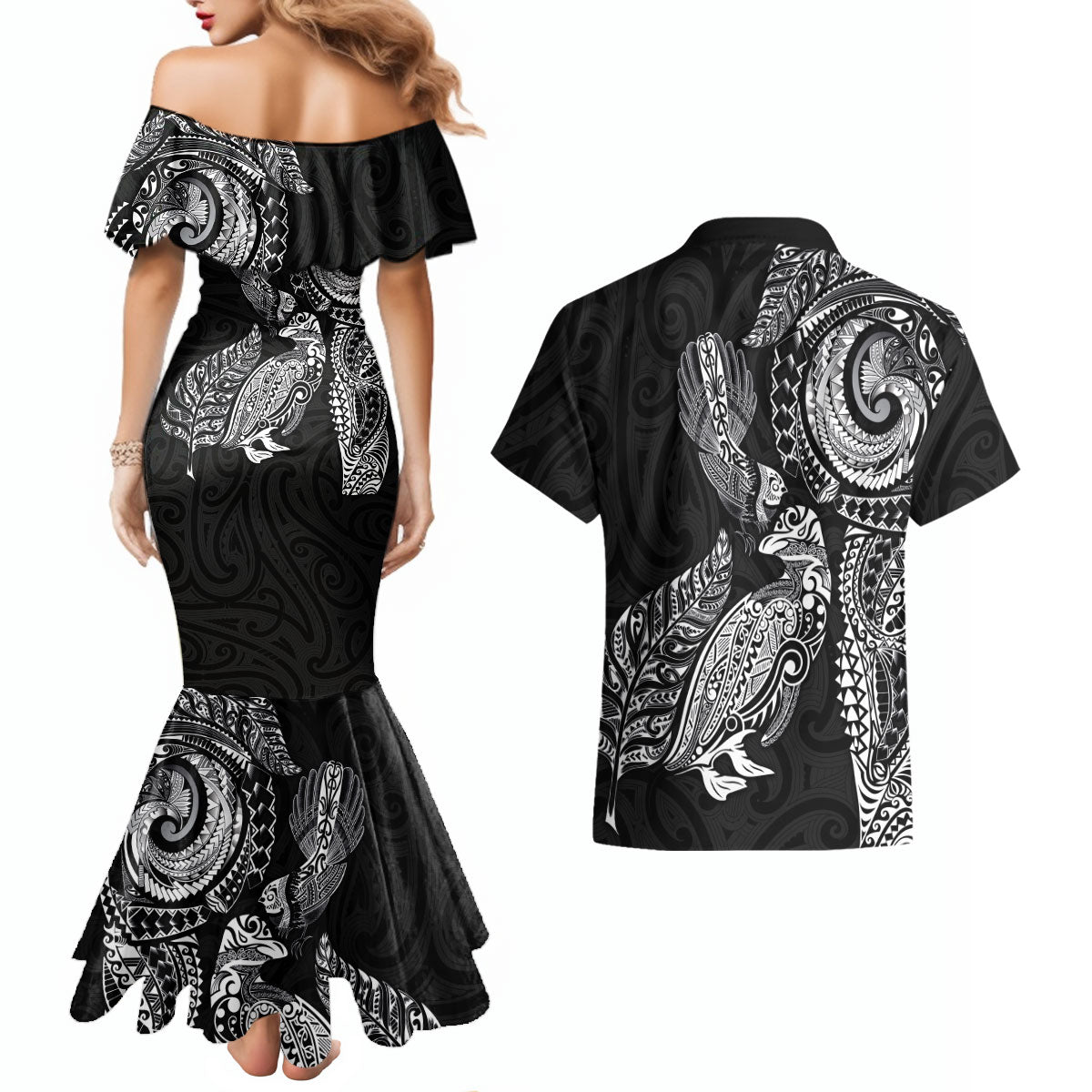 Aotearoa Moko Tribal Tattoo Couples Matching Mermaid Dress and Hawaiian Shirt New Zealand Maori Penguin and Fantail Black Color