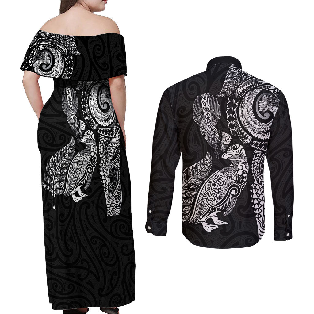 Aotearoa Moko Tribal Tattoo Couples Matching Off Shoulder Maxi Dress and Long Sleeve Button Shirt New Zealand Maori Penguin and Fantail Black Color