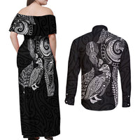 Aotearoa Moko Tribal Tattoo Couples Matching Off Shoulder Maxi Dress and Long Sleeve Button Shirt New Zealand Maori Penguin and Fantail Black Color