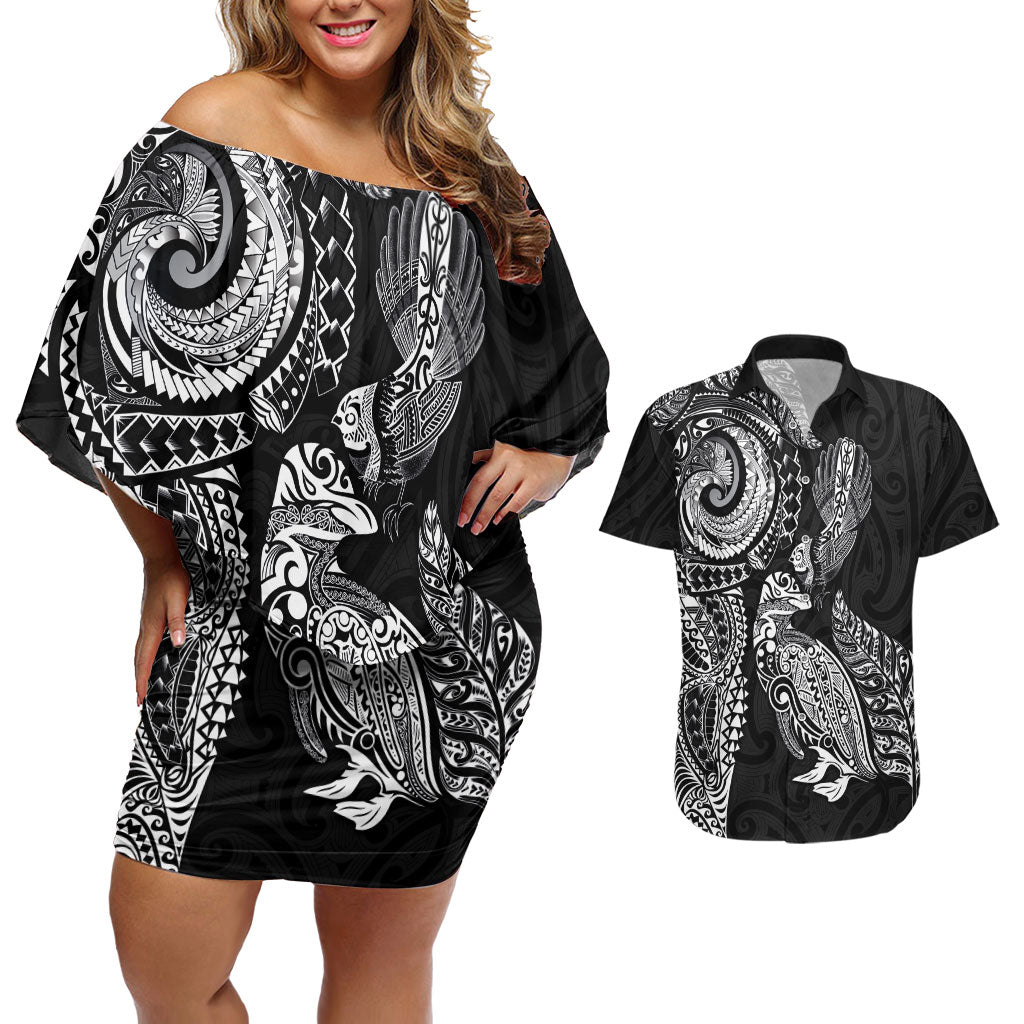 Aotearoa Moko Tribal Tattoo Couples Matching Off Shoulder Short Dress and Hawaiian Shirt New Zealand Maori Penguin and Fantail Black Color