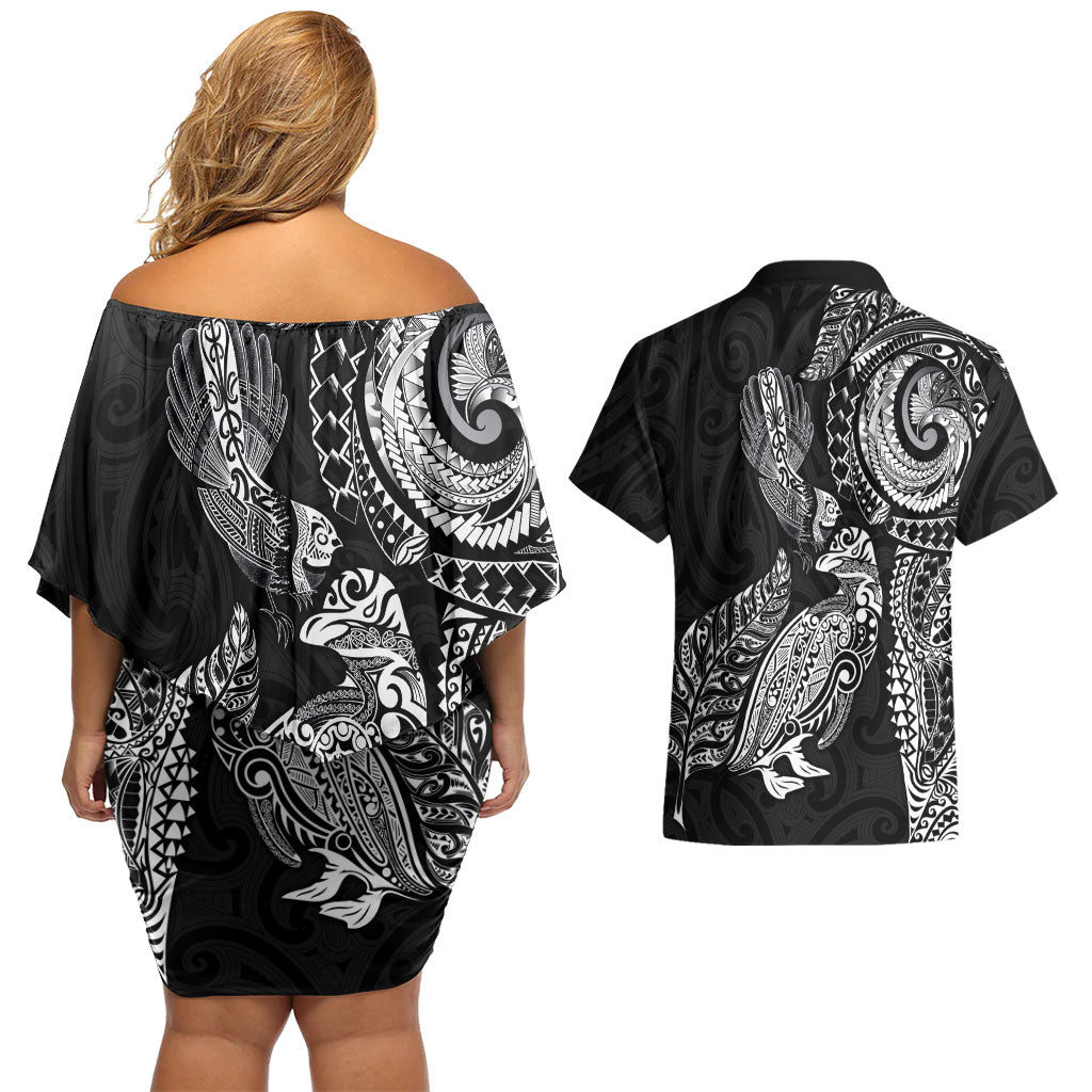 Aotearoa Moko Tribal Tattoo Couples Matching Off Shoulder Short Dress and Hawaiian Shirt New Zealand Maori Penguin and Fantail Black Color