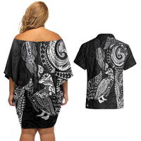 Aotearoa Moko Tribal Tattoo Couples Matching Off Shoulder Short Dress and Hawaiian Shirt New Zealand Maori Penguin and Fantail Black Color