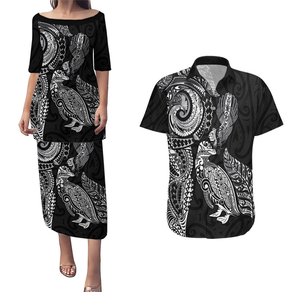 Aotearoa Moko Tribal Tattoo Couples Matching Puletasi and Hawaiian Shirt New Zealand Maori Penguin and Fantail Black Color LT03 Black - Polynesian Pride