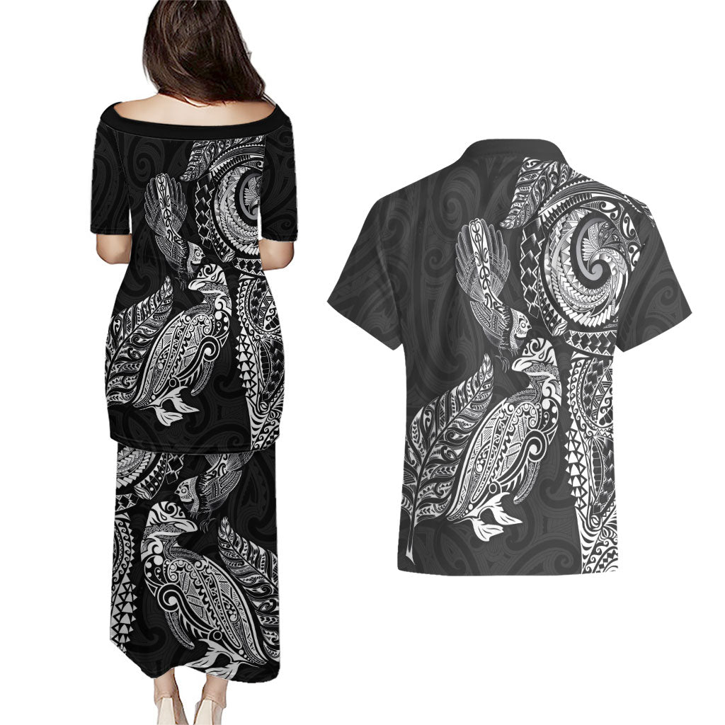 Aotearoa Moko Tribal Tattoo Couples Matching Puletasi and Hawaiian Shirt New Zealand Maori Penguin and Fantail Black Color LT03 - Polynesian Pride