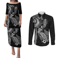 Aotearoa Moko Tribal Tattoo Couples Matching Puletasi and Long Sleeve Button Shirt New Zealand Maori Penguin and Fantail Black Color
