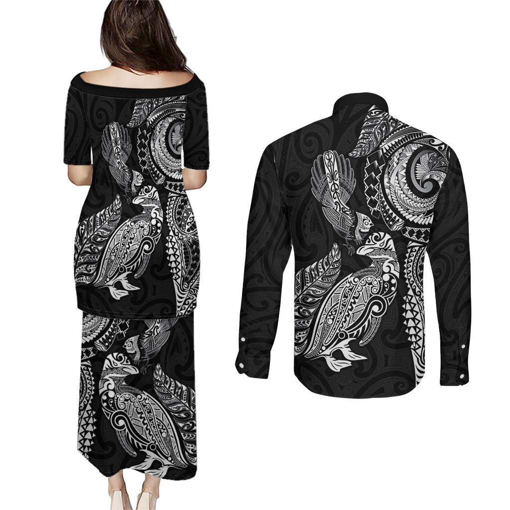 Aotearoa Moko Tribal Tattoo Couples Matching Puletasi and Long Sleeve Button Shirt New Zealand Maori Penguin and Fantail Black Color