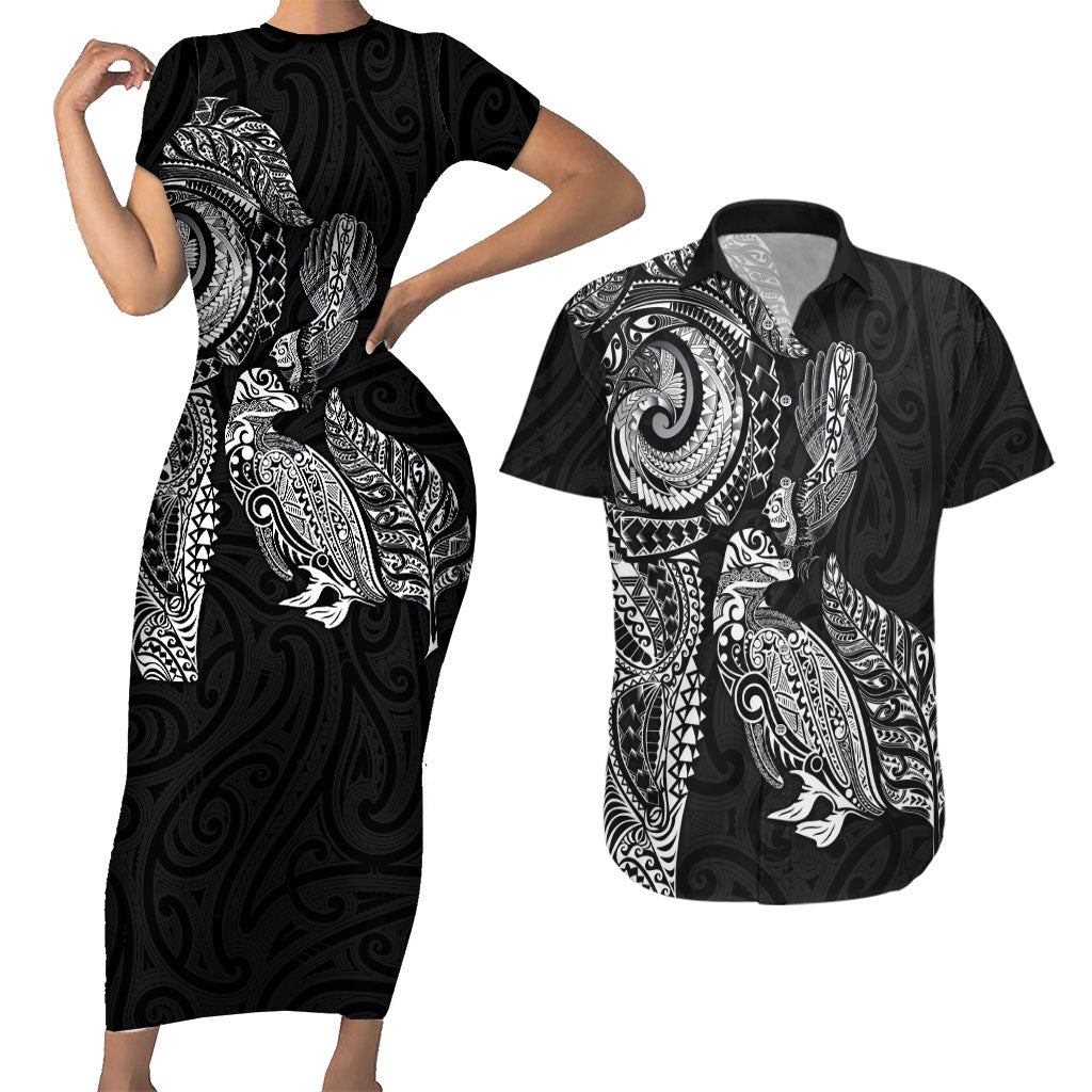 Aotearoa Moko Tribal Tattoo Couples Matching Short Sleeve Bodycon Dress and Hawaiian Shirt New Zealand Maori Penguin and Fantail Black Color LT03 Black - Polynesian Pride