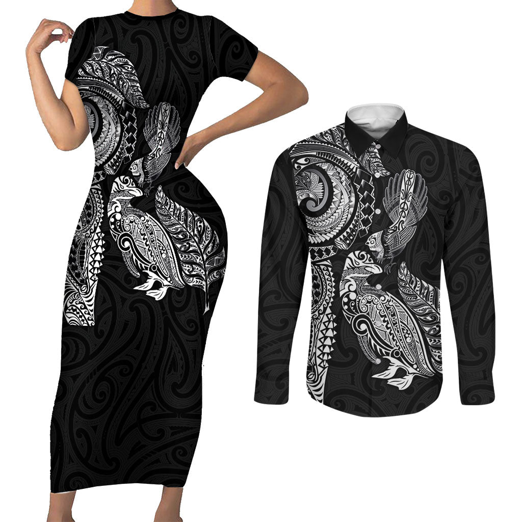 Aotearoa Moko Tribal Tattoo Couples Matching Short Sleeve Bodycon Dress and Long Sleeve Button Shirt New Zealand Maori Penguin and Fantail Black Color