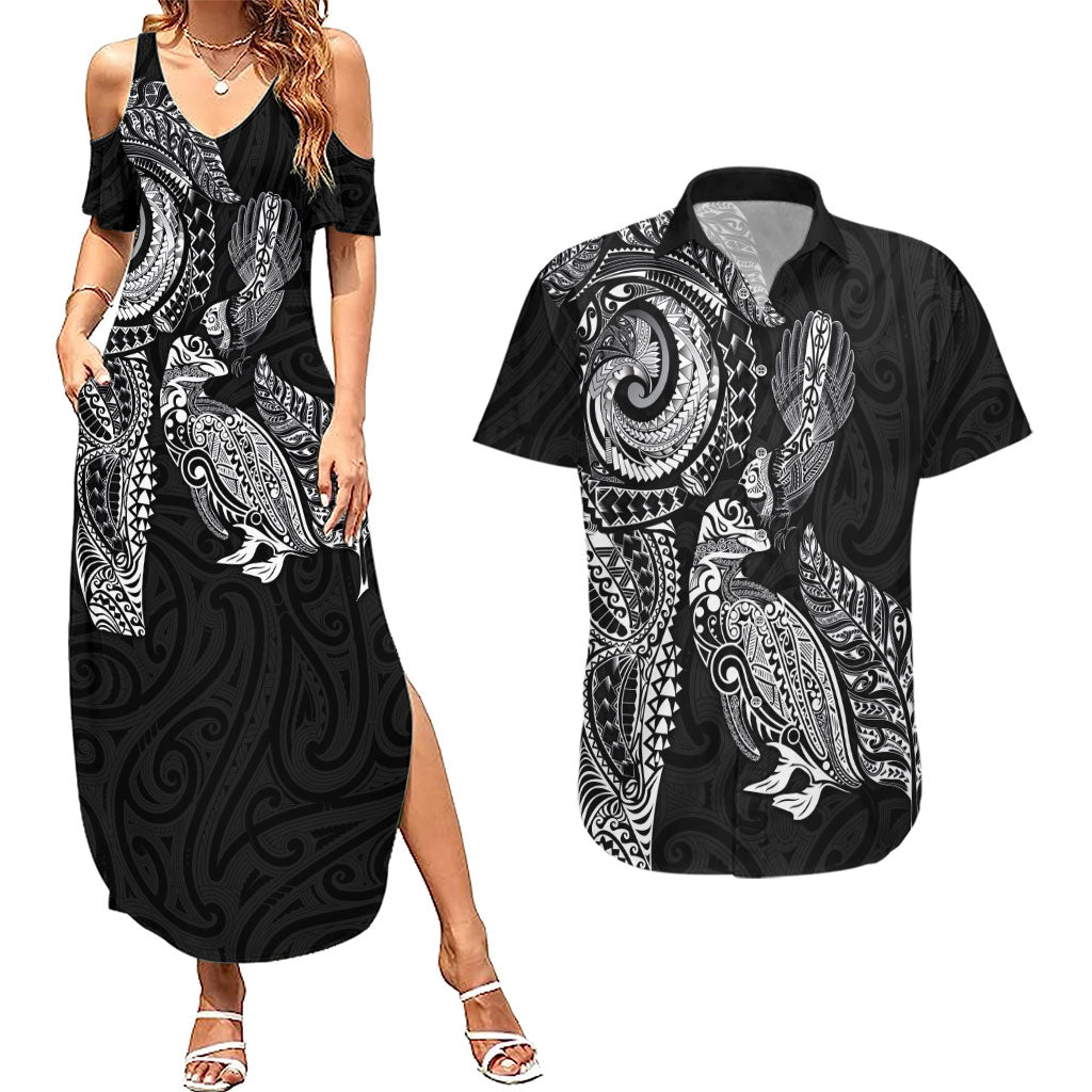 Aotearoa Moko Tribal Tattoo Couples Matching Summer Maxi Dress and Hawaiian Shirt New Zealand Maori Penguin and Fantail Black Color