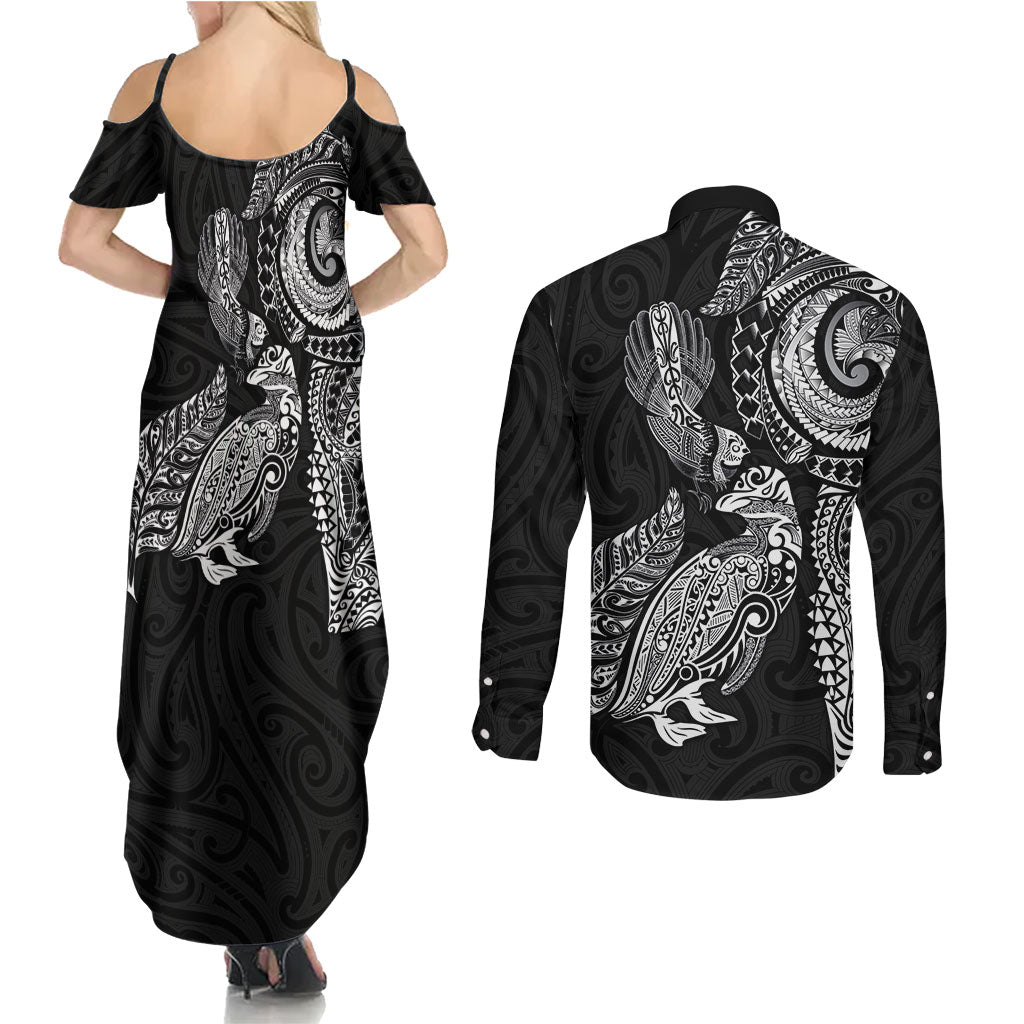 Aotearoa Moko Tribal Tattoo Couples Matching Summer Maxi Dress and Long Sleeve Button Shirt New Zealand Maori Penguin and Fantail Black Color LT03 - Polynesian Pride