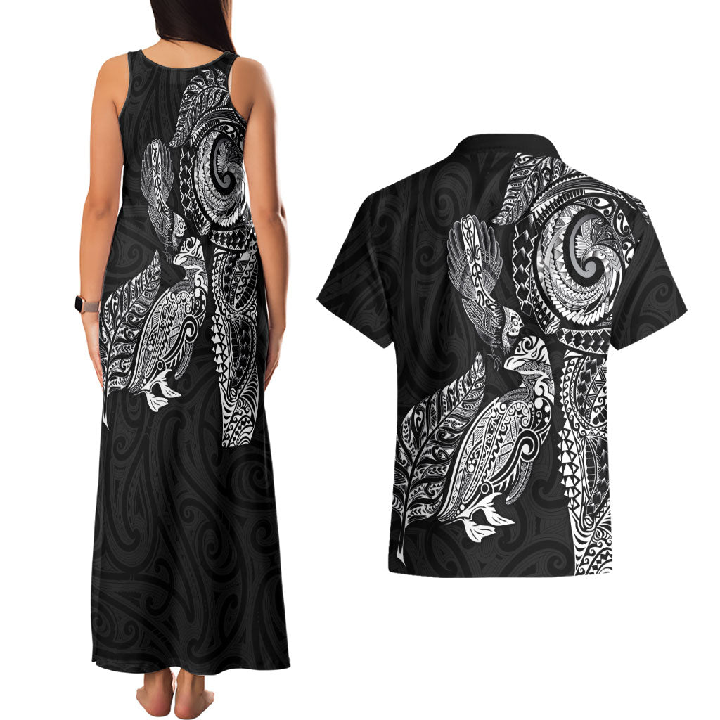 Aotearoa Moko Tribal Tattoo Couples Matching Tank Maxi Dress and Hawaiian Shirt New Zealand Maori Penguin and Fantail Black Color