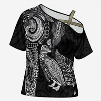 Aotearoa Moko Tribal Tattoo Cross Shoulder Shirt New Zealand Maori Penguin and Fantail Black Color