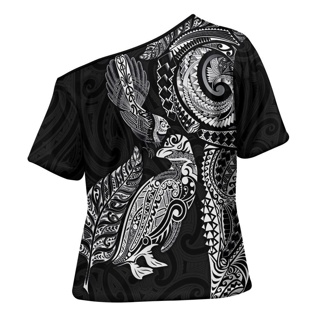 Aotearoa Moko Tribal Tattoo Cross Shoulder Shirt New Zealand Maori Penguin and Fantail Black Color