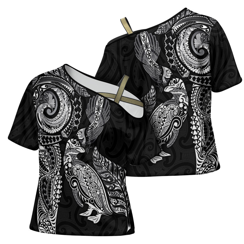 Aotearoa Moko Tribal Tattoo Cross Shoulder Shirt New Zealand Maori Penguin and Fantail Black Color