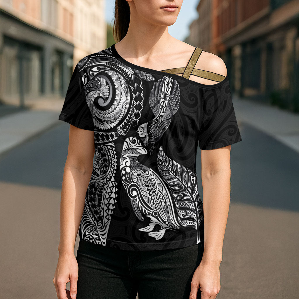 Aotearoa Moko Tribal Tattoo Cross Shoulder Shirt New Zealand Maori Penguin and Fantail Black Color