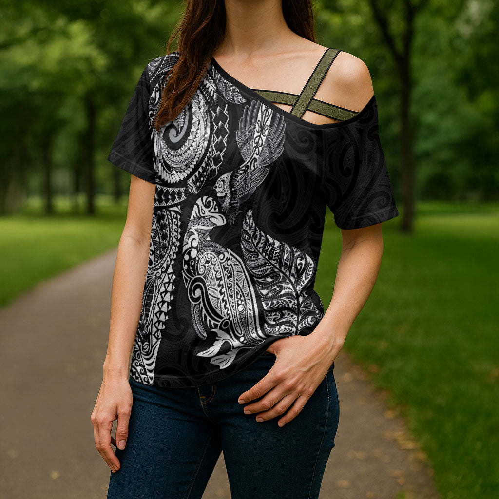 Aotearoa Moko Tribal Tattoo Cross Shoulder Shirt New Zealand Maori Penguin and Fantail Black Color