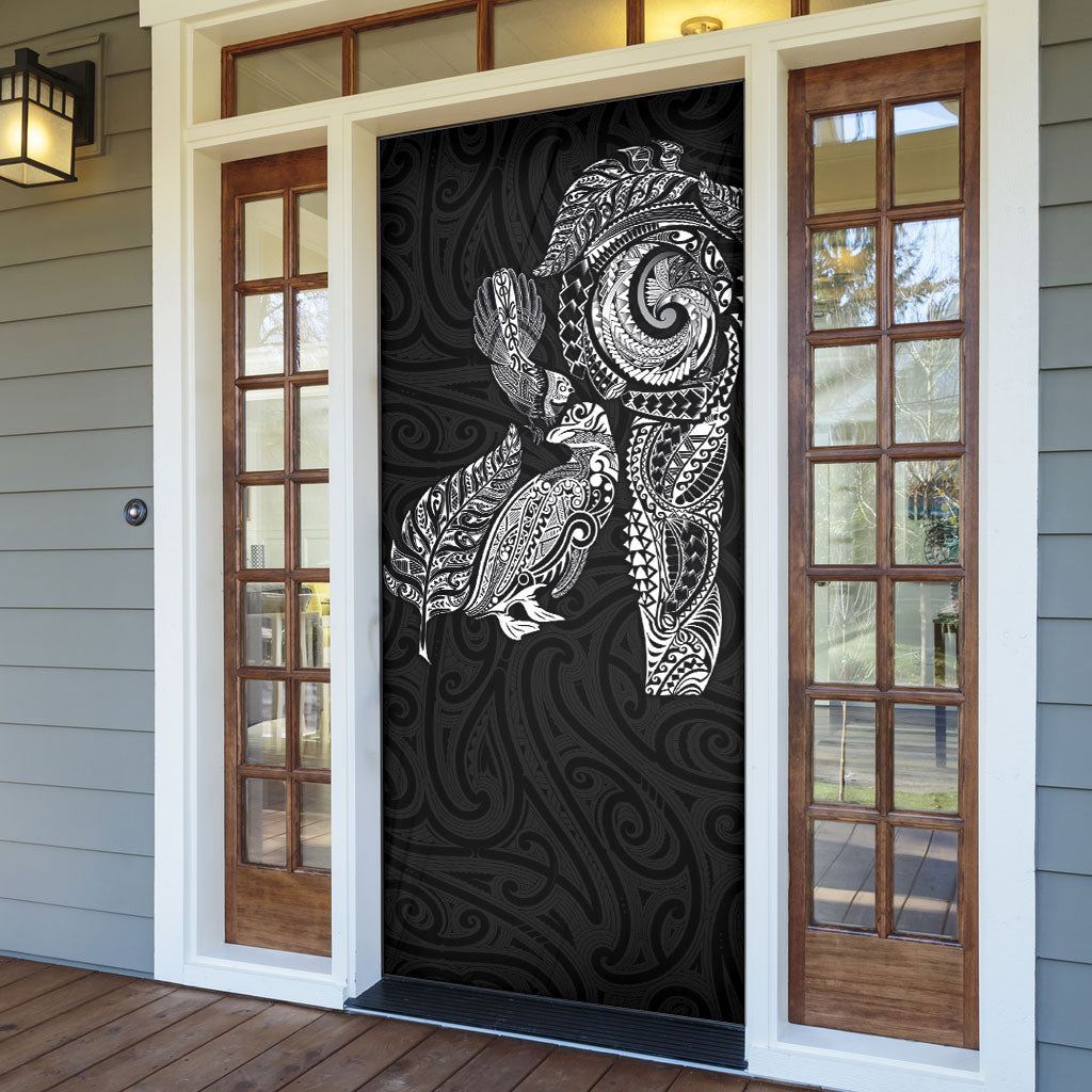 Aotearoa Moko Tribal Tattoo Door Cover New Zealand Maori Penguin and Fantail Black Color