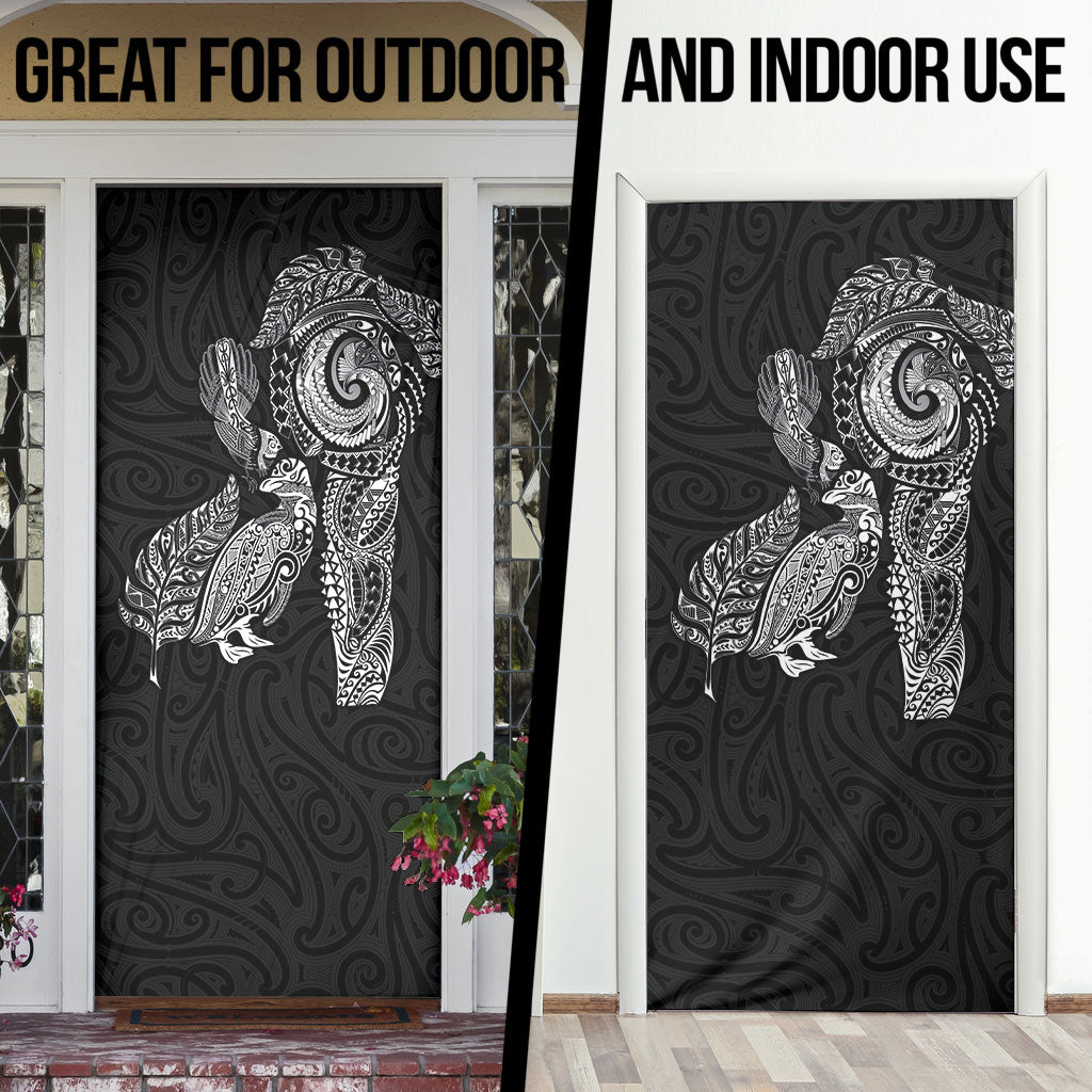 Aotearoa Moko Tribal Tattoo Door Cover New Zealand Maori Penguin and Fantail Black Color