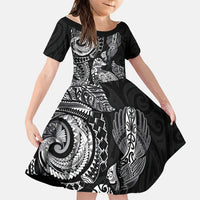 Aotearoa Moko Tribal Tattoo Family Matching Long Sleeve Bodycon Dress and Hawaiian Shirt New Zealand Maori Penguin and Fantail Black Color