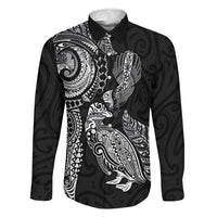 Aotearoa Moko Tribal Tattoo Family Matching Long Sleeve Bodycon Dress and Hawaiian Shirt New Zealand Maori Penguin and Fantail Black Color