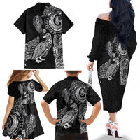 Aotearoa Moko Tribal Tattoo Family Matching Off The Shoulder Long Sleeve Dress and Hawaiian Shirt New Zealand Maori Penguin and Fantail Black Color