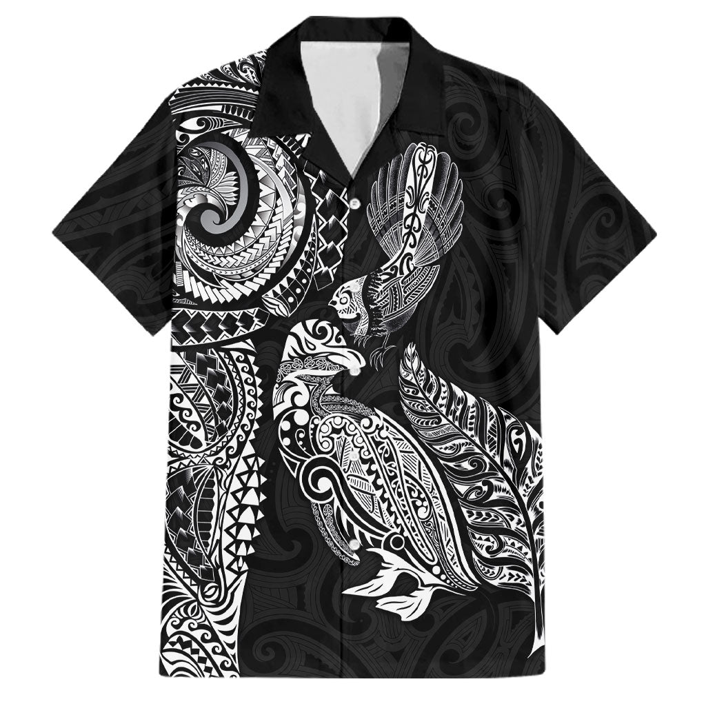 Aotearoa Moko Tribal Tattoo Family Matching Off The Shoulder Long Sleeve Dress and Hawaiian Shirt New Zealand Maori Penguin and Fantail Black Color