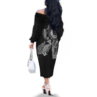 Aotearoa Moko Tribal Tattoo Family Matching Off The Shoulder Long Sleeve Dress and Hawaiian Shirt New Zealand Maori Penguin and Fantail Black Color