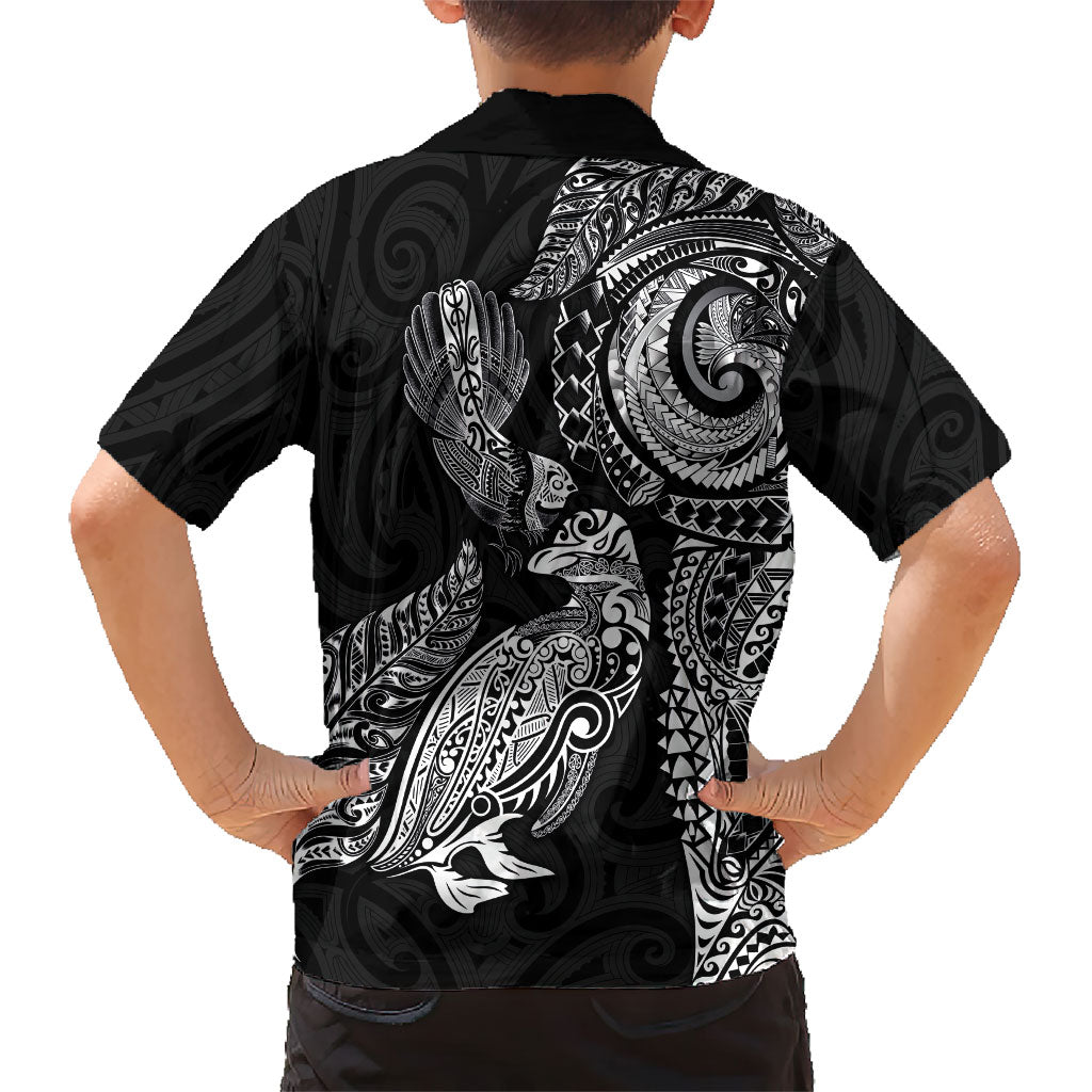 Aotearoa Moko Tribal Tattoo Family Matching Off Shoulder Short Dress and Hawaiian Shirt New Zealand Maori Penguin and Fantail Black Color
