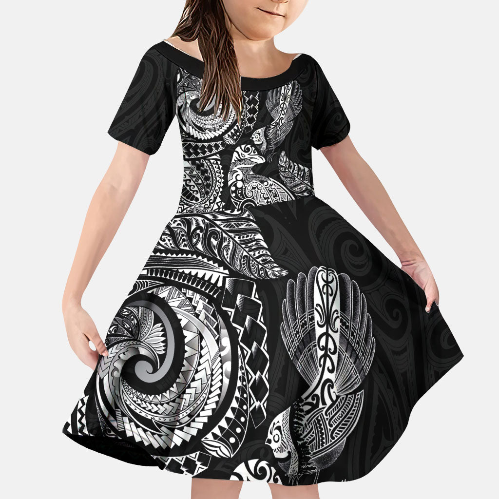 Aotearoa Moko Tribal Tattoo Family Matching Off Shoulder Short Dress and Hawaiian Shirt New Zealand Maori Penguin and Fantail Black Color