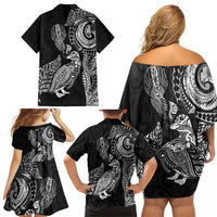 Aotearoa Moko Tribal Tattoo Family Matching Off Shoulder Short Dress and Hawaiian Shirt New Zealand Maori Penguin and Fantail Black Color
