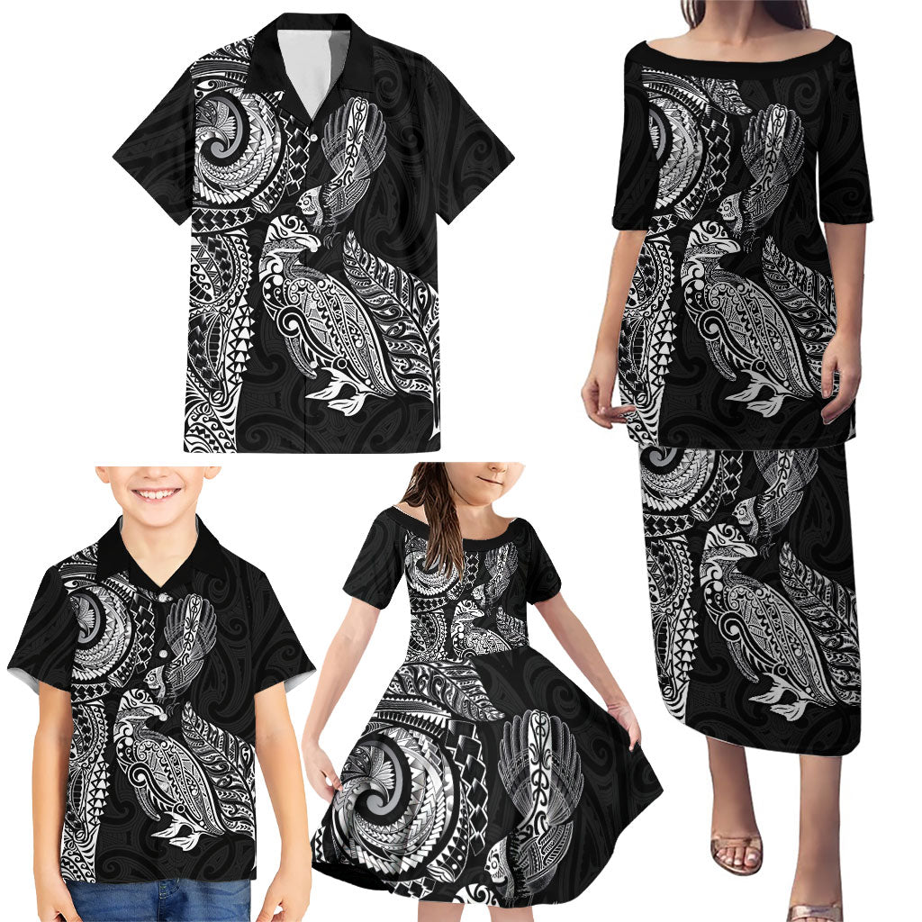 Aotearoa Moko Tribal Tattoo Family Matching Puletasi and Hawaiian Shirt New Zealand Maori Penguin and Fantail Black Color
