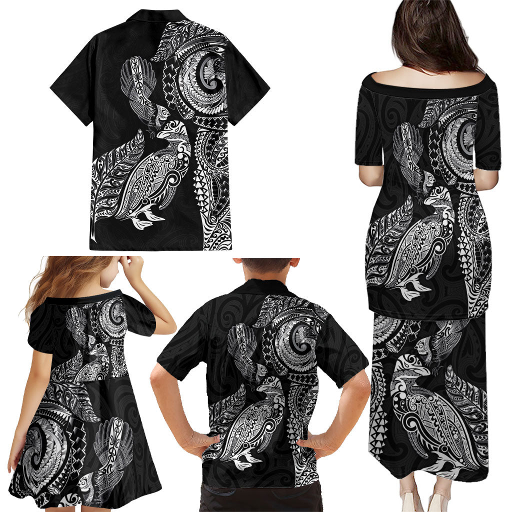 Aotearoa Moko Tribal Tattoo Family Matching Puletasi and Hawaiian Shirt New Zealand Maori Penguin and Fantail Black Color