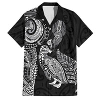 Aotearoa Moko Tribal Tattoo Family Matching Puletasi and Hawaiian Shirt New Zealand Maori Penguin and Fantail Black Color