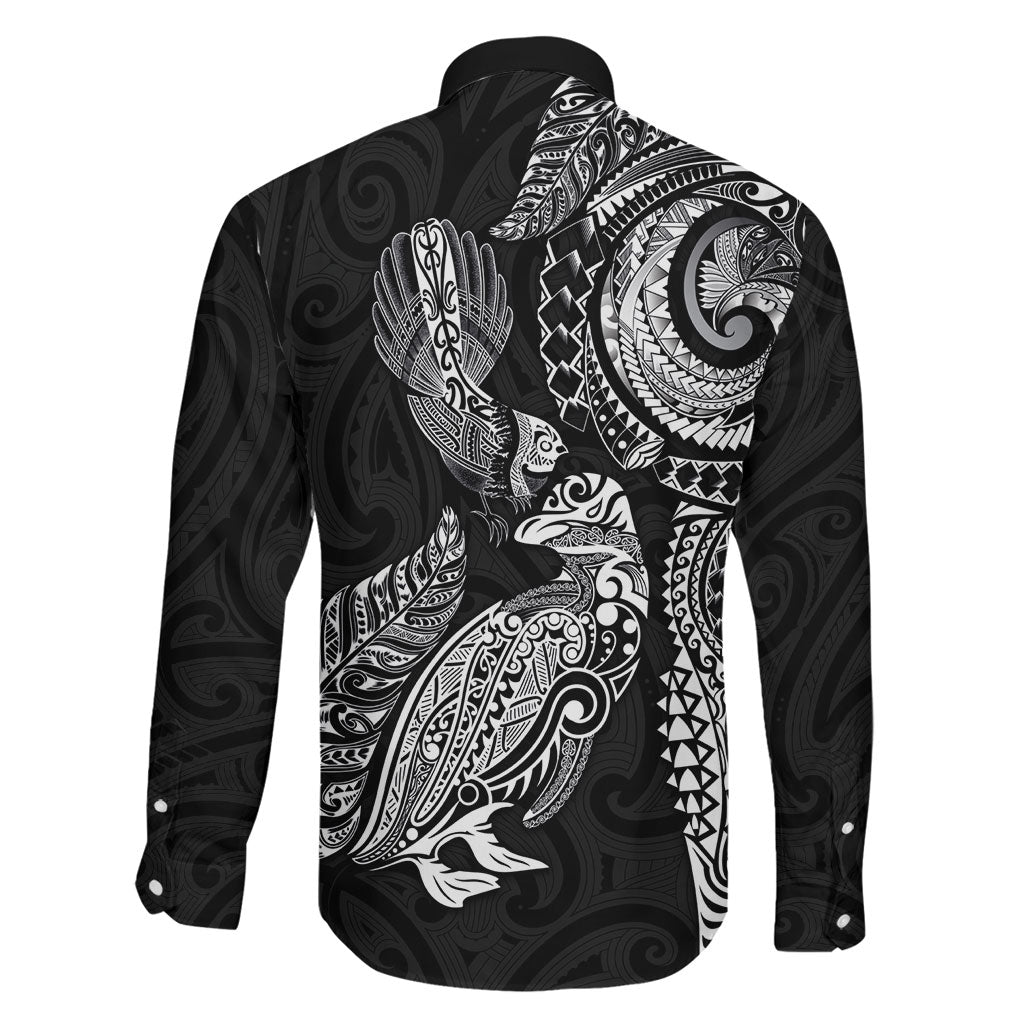 Aotearoa Moko Tribal Tattoo Family Matching Puletasi and Hawaiian Shirt New Zealand Maori Penguin and Fantail Black Color
