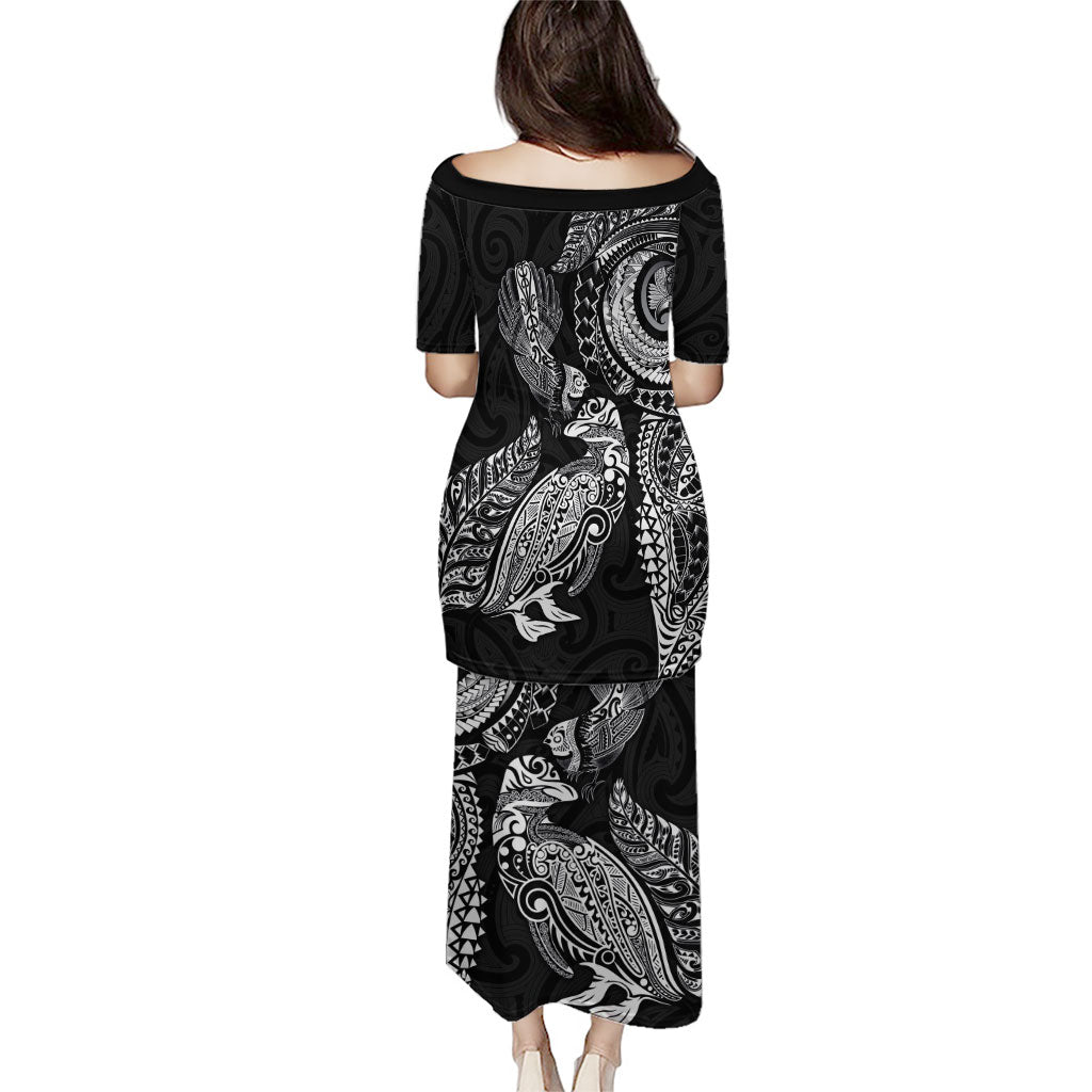 Aotearoa Moko Tribal Tattoo Family Matching Puletasi and Hawaiian Shirt New Zealand Maori Penguin and Fantail Black Color